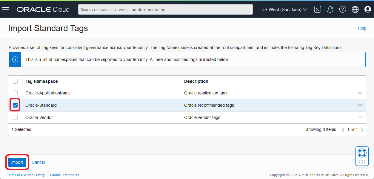 OCI Console showing standard tag namespaces