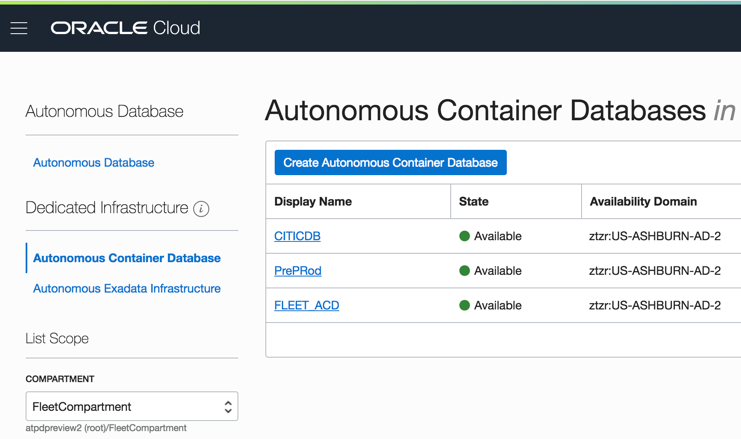 Database Container List Page