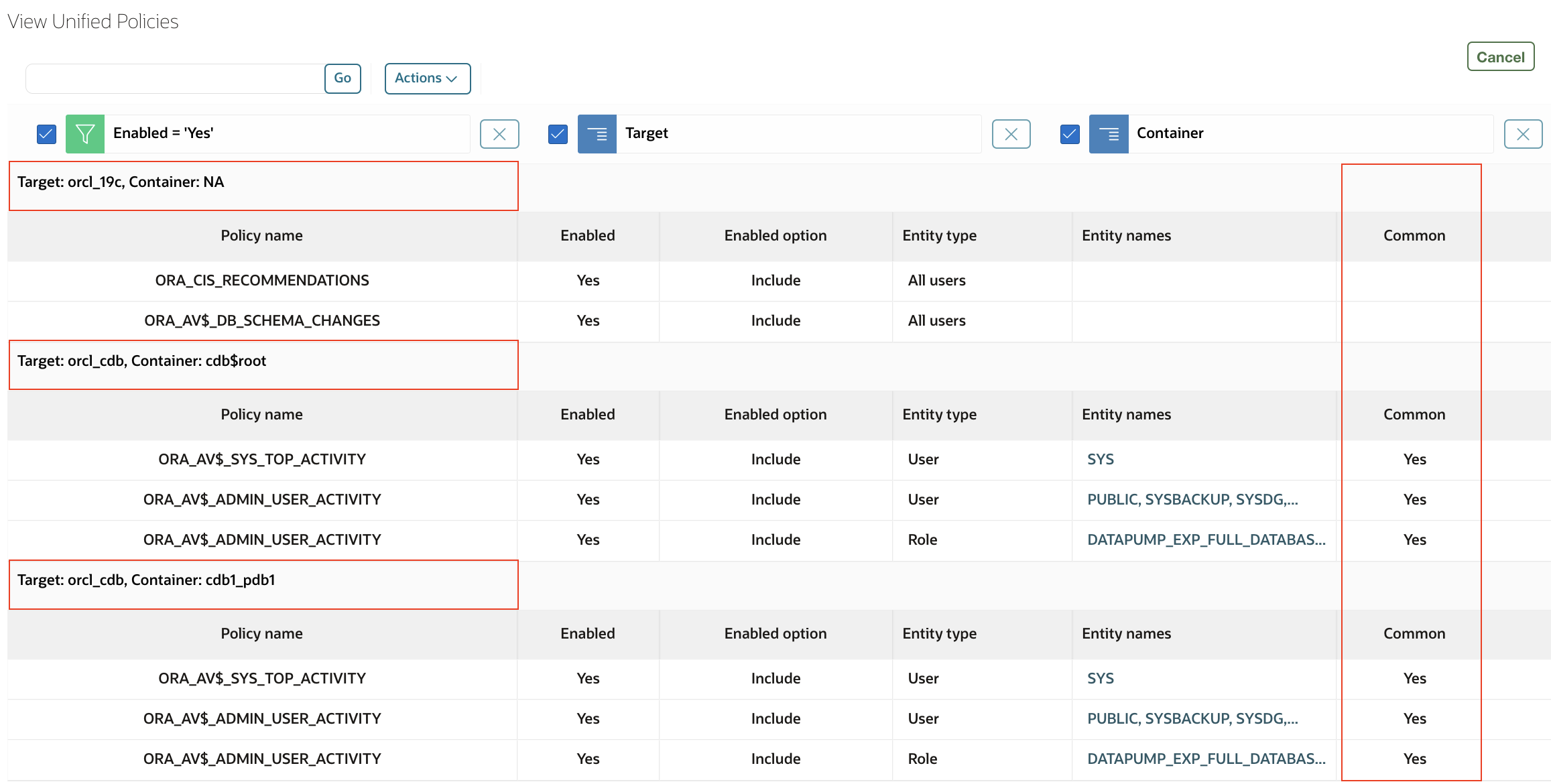 Centralized view of enabled audit policies on targets