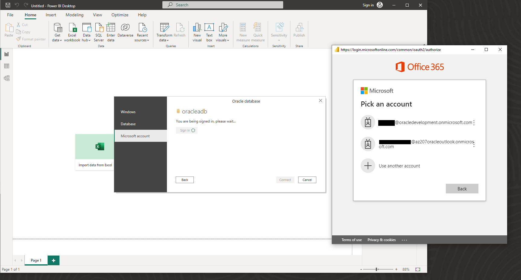 Screenshot of Power BI desktop making a connection to an Oracle Database using Microsoft Entra ID Single-Sign-On. The Microsoft Entra ID pick list for accounts pops up for the user to select which user credential they want to use to access the Oracle Database.