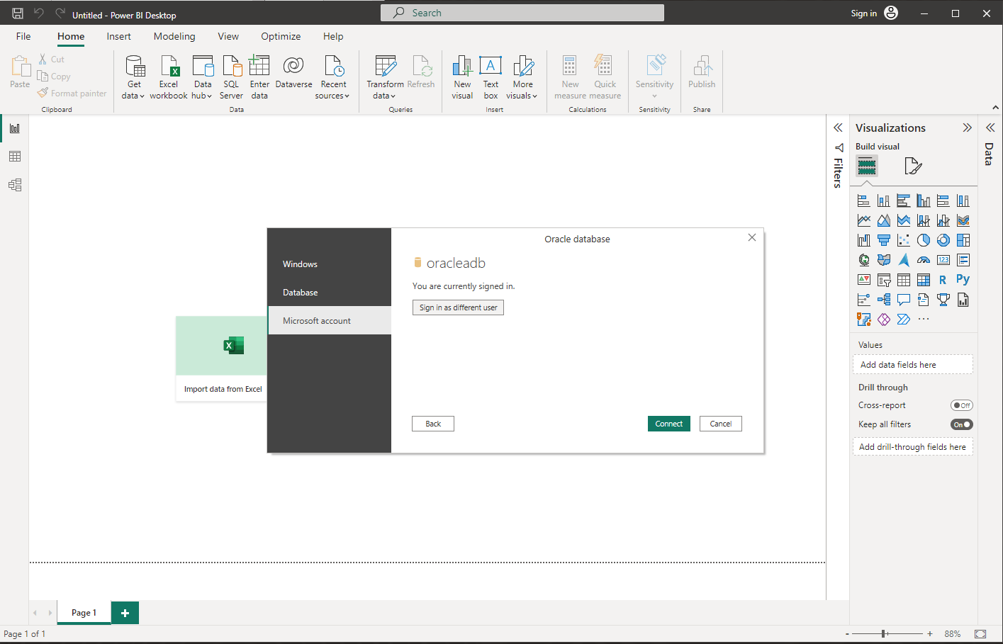 A follow-on screenshot of the same Power BI desktop with a dialog box showing the text "You are currently signed in".