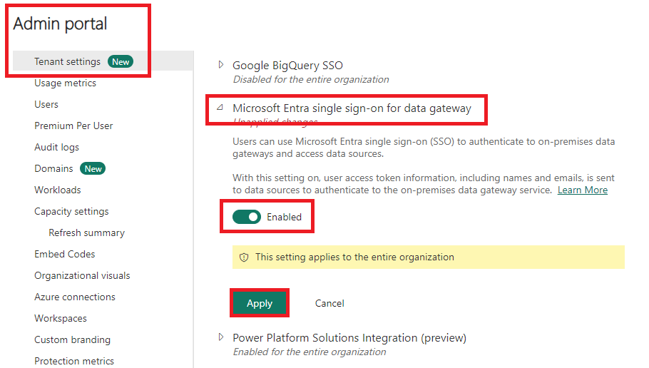 This is a screenshot of the Azure tenancy admin portal. Tenent settings is selected on the left side menu. On the right, the option for Microsoft Entra single sign-on for data gateway is shown. The button has been toggled to "Enabled" and the "Apply" button has been emphasized.