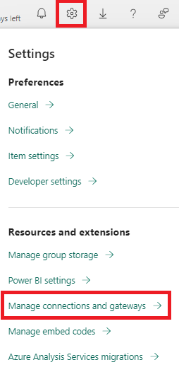 Screenshot of the Power BI service page. The gear icon for "Settings' is emphasized. The settings menu is shown below and the "Manage connections and gateways" link is emphasized