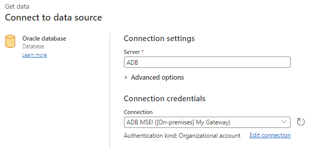 The "Get date", "Connect to data source" window is shown.
The icon for Oracle database is at left.
On the right, the Server field is set to "ADB"
And the Connection credential is set to use the connection "ADB MSEI ((On-premises) My Gateway)