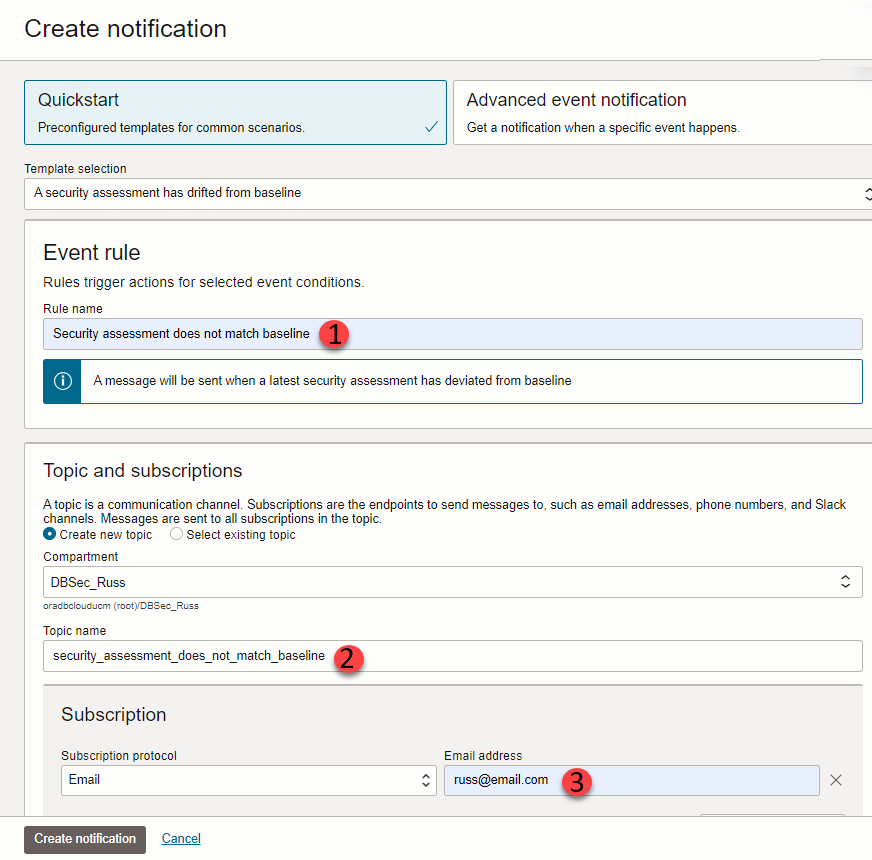 Screenshot of the Create notification template. The screen shot has three callouts added, numbered one, two, and three.