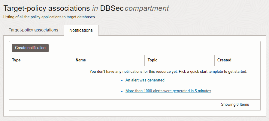 Screenshot of Target-policy association notifications, with two predefined templates visible:
1. An alert was generated
2. More than 1000 alerts were generated in 5 minutes