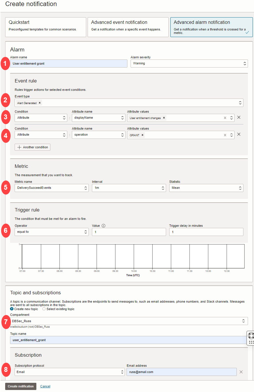 Screenshot of Advanced alarm notification form. The form has eight numbered callouts added