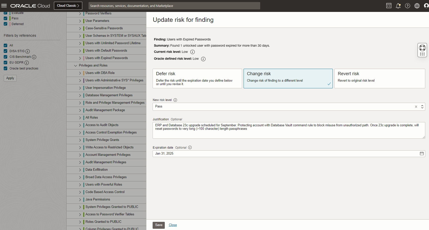 Data Safe screen for updating a risk finding. This screenshot shows changing a risk level to low, along with a justification and expiration date for the change