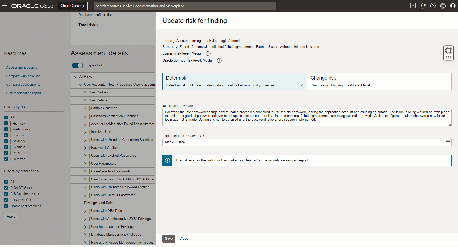 Data Safe screen showing updating a risk finding to defer the check based upon a justification. The defer action is configured to expire a few months after the change is made