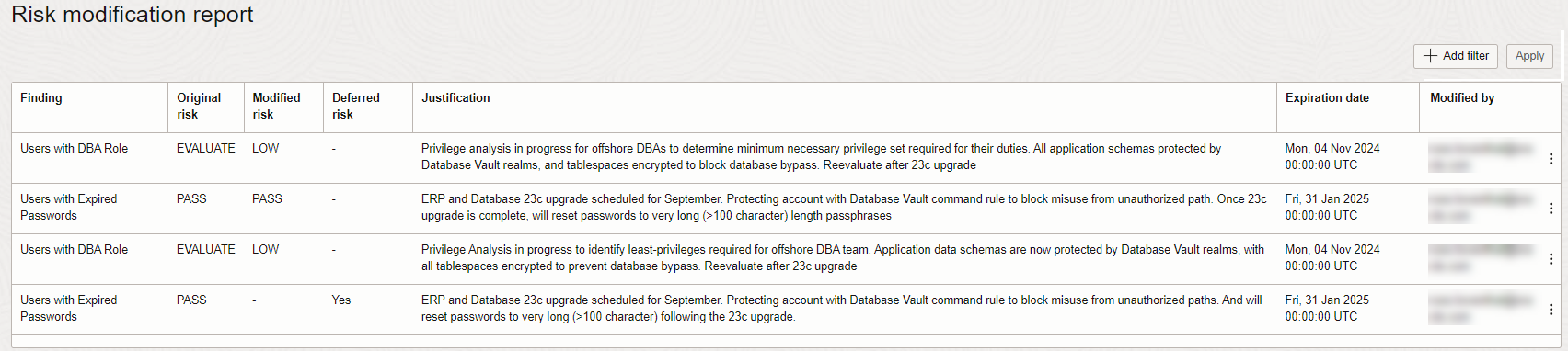 Data Safe risk modification report showing all risks with modified levels or that have been deferred