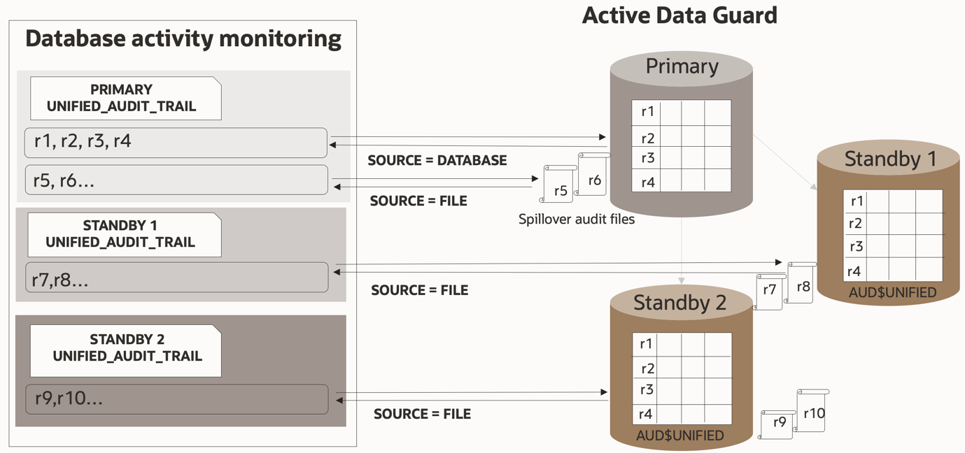 Graphic shows a primary database with two Active Data Guard standby databases. Database Activity Monitoring is taking place with four audit trails. One going to the primary and looking at the unified audit trail with source=database, and three more audit trails (one for each database - the primary and both standbys) looking for records in the unified audit trail with source=file