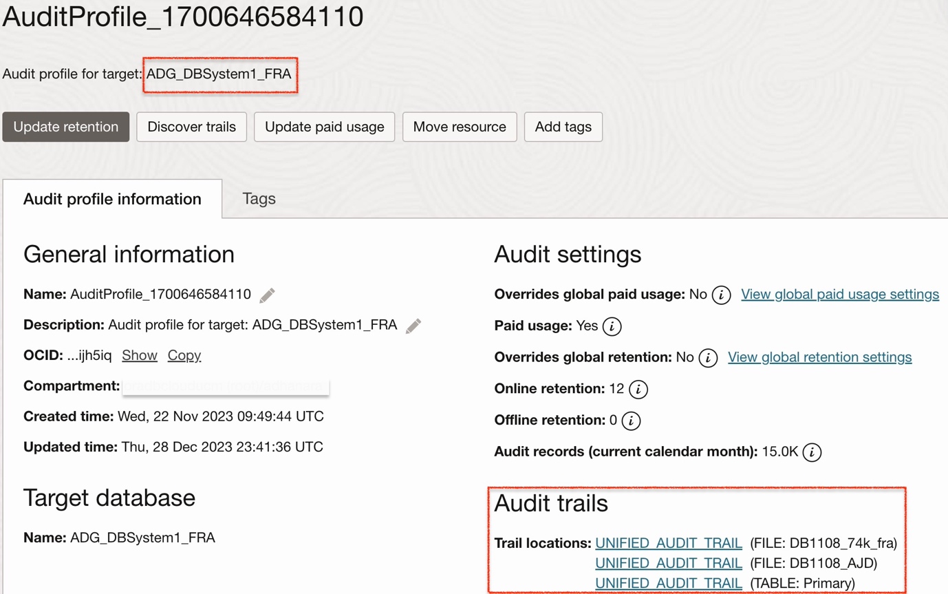 Screen shot of a Data Safe target database's Audit Profile page showing there are three audit trails - one table-based (source=database) and two file-based (source=file)