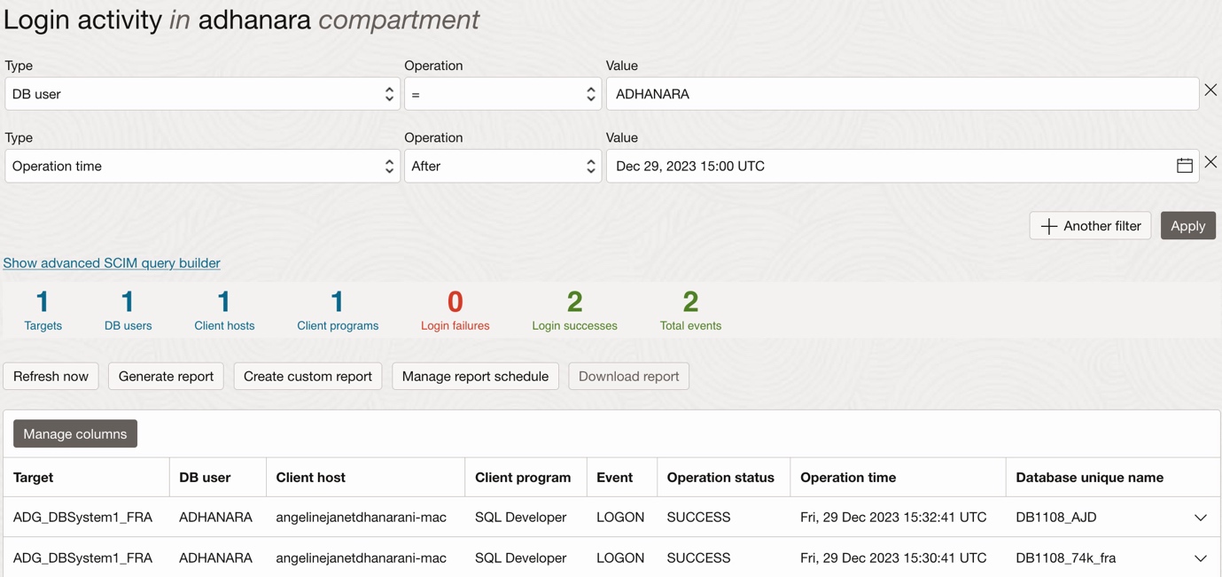 Screen shot of audit activity for an Active Data Guard primary and standby