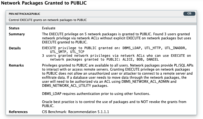 A sample DBSAT finding for grants of execute on network packages to public. The finding includes the CIS Benchmark number, and a note saying that the Oracle best practice is to NOT revoke these grants