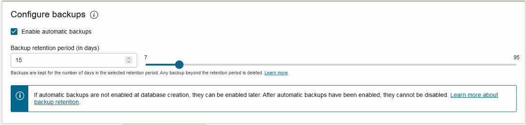 User Interface screen of configure backups