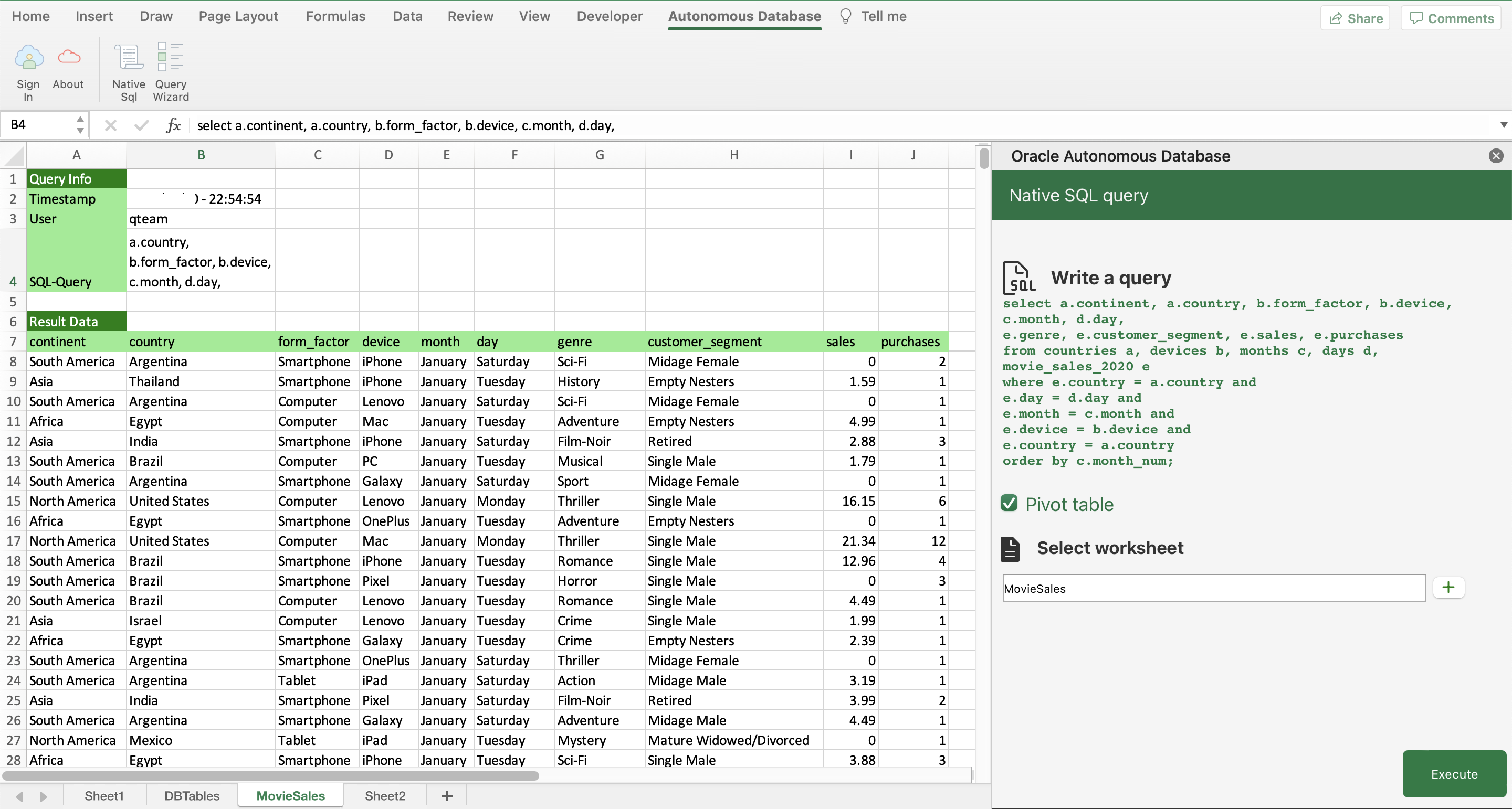 Excel Add-in Direct SQL MOVIESTREAM