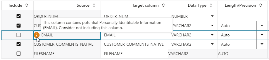 image showing detection of an EMAIL column containing PI data
