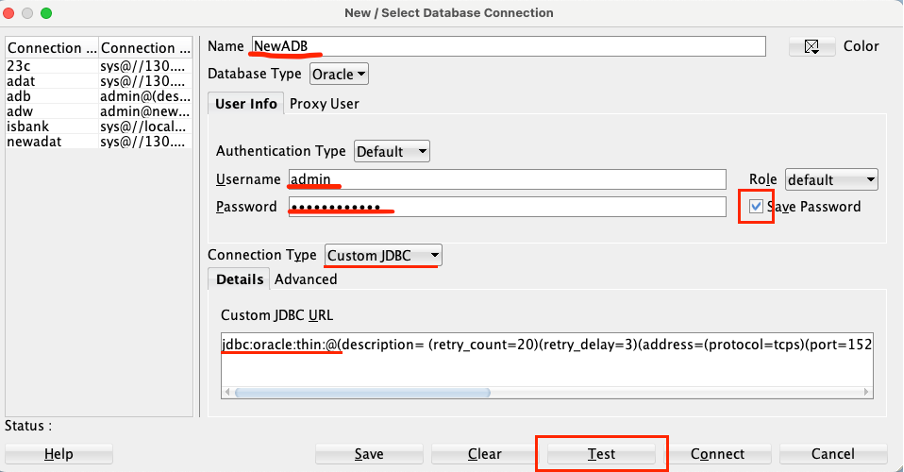 SQL Developer connection settings