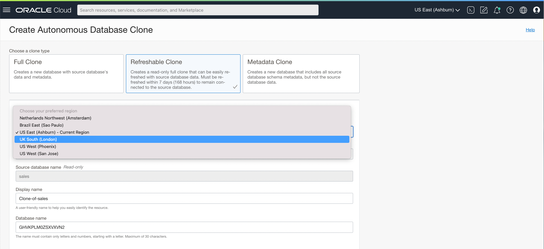 Cross-region refreshable clone options