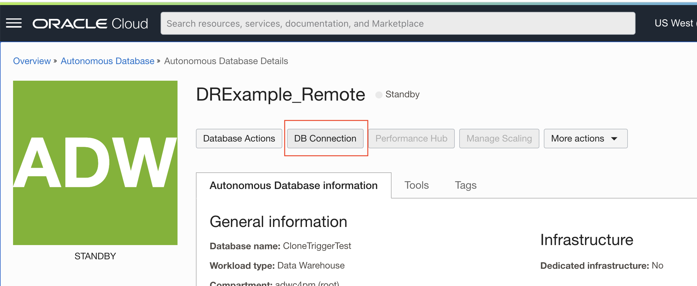 DB Connection Button on standby database console