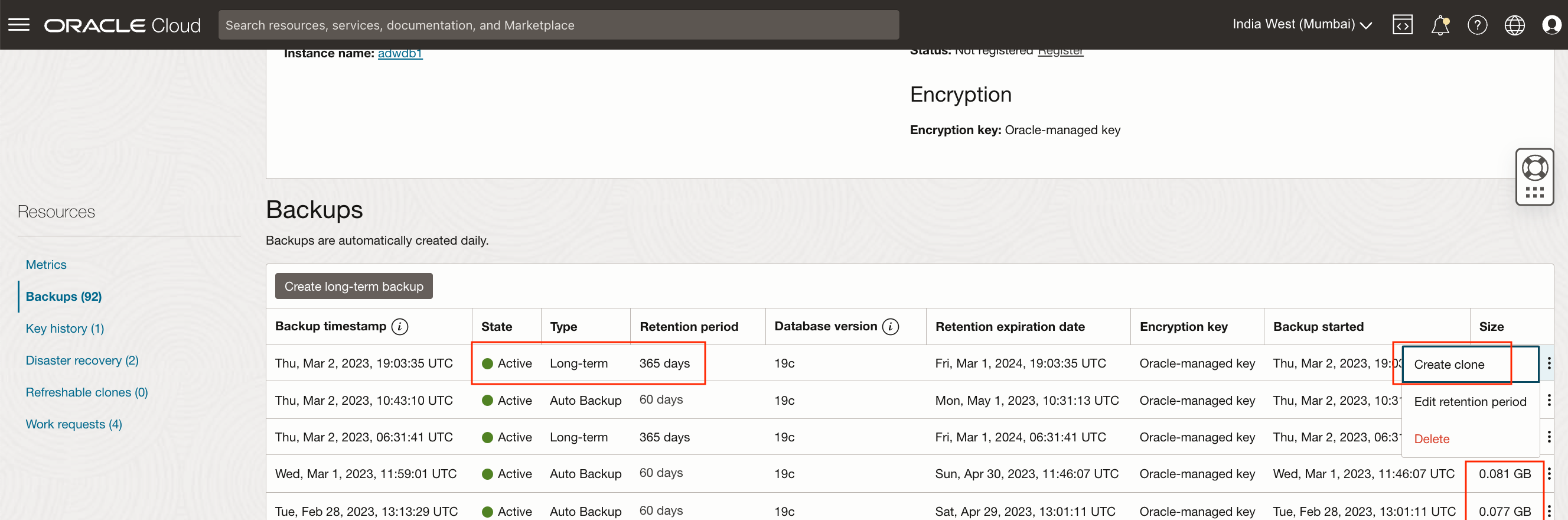 View long-term backups created