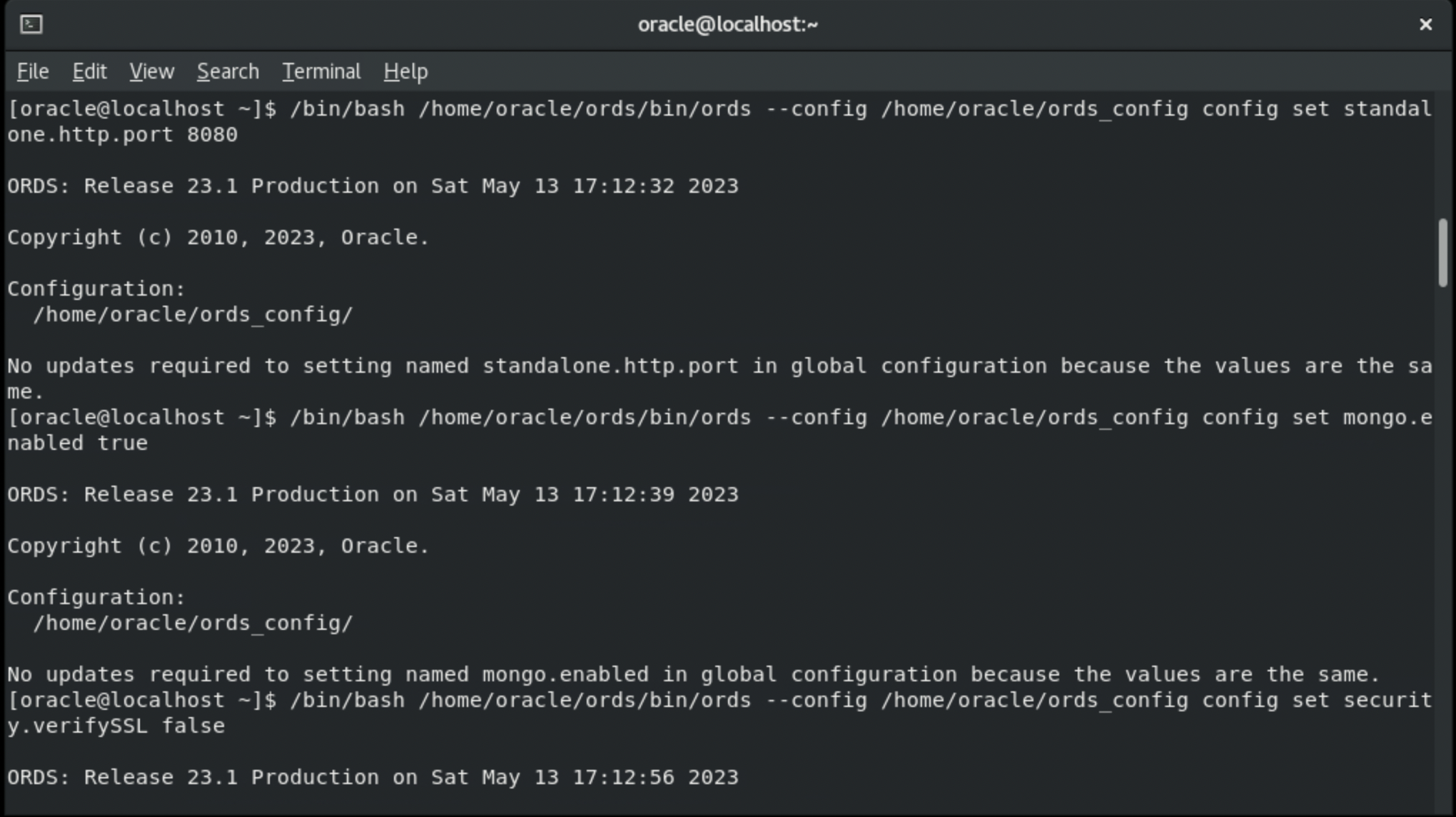 command line output when setting the configuration parameters