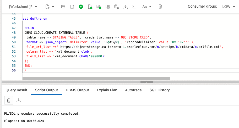 external table creation in sql developer web