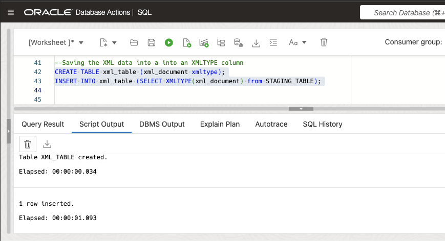 create an internal table with XMLTYPE column and populate it.