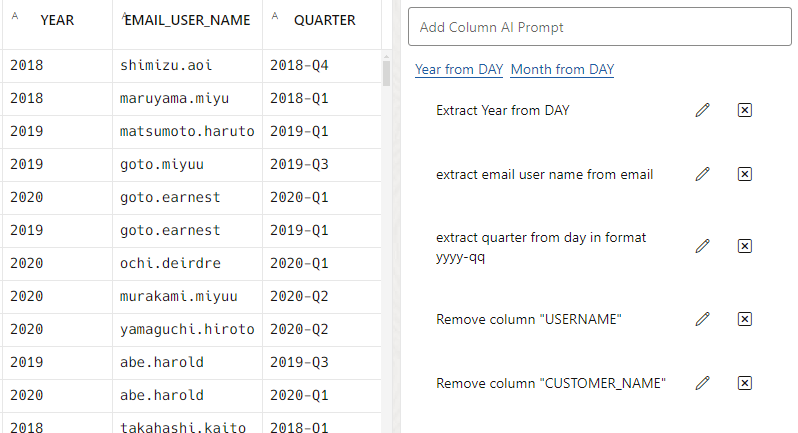 image showing new columns added to a table from prompts to an AI service