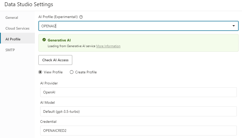 Image showing the ability to switch between AI profiles in Data Studio