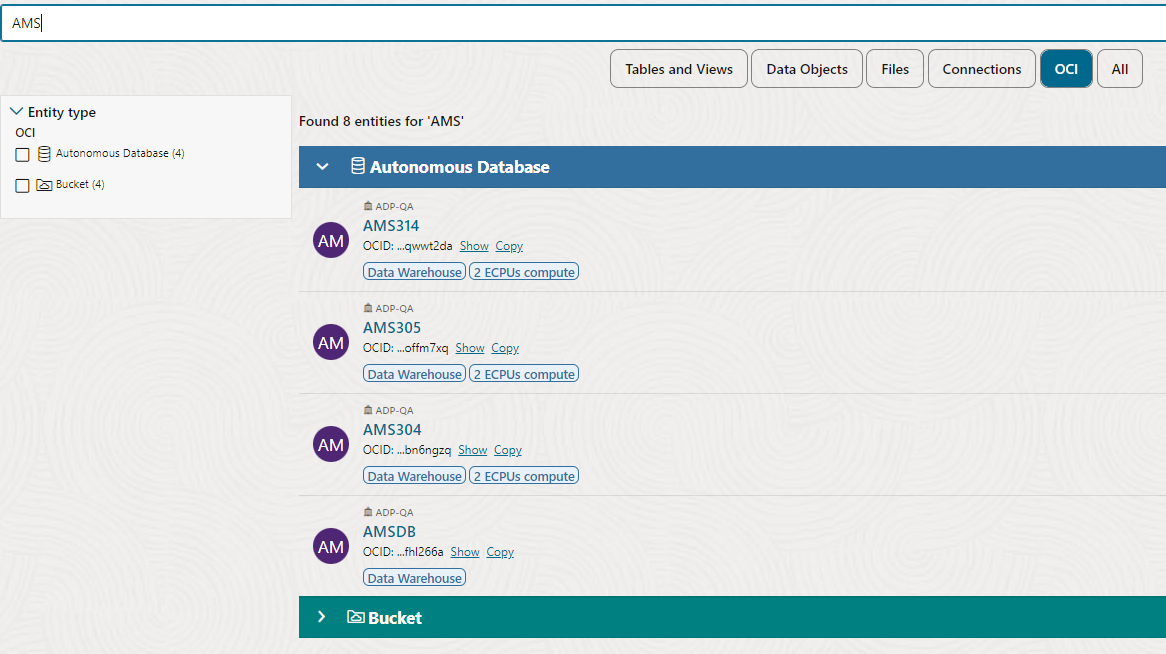 screenshot of the catalog showing a list of autonomous databases