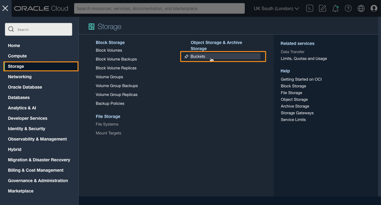 Menu for buckets in OCI Control Panel