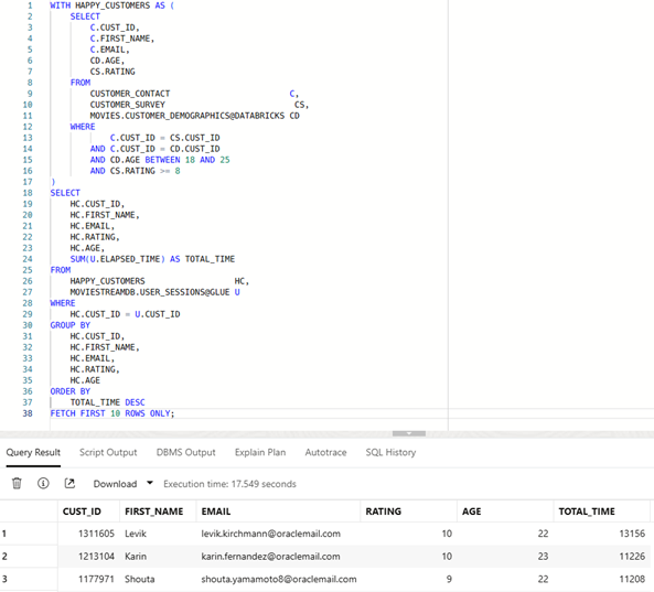 Screenshot showing a SQL query using three different catalogs