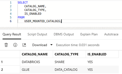 Screenshot showing results of SQL query, returning a list of available catalogs
