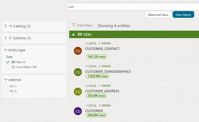 screenshot showing a refined search for customer data with only tables selected