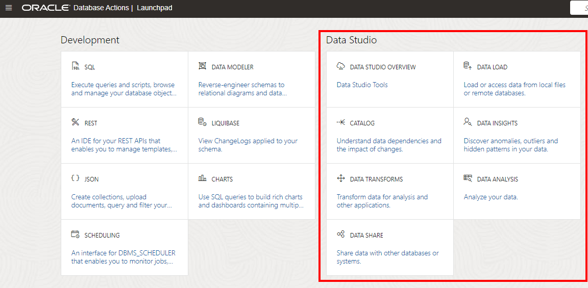 The Data Studio section of Database Actions