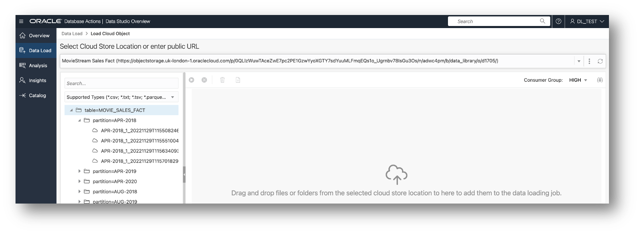 Folders and files in the MovieStream Sales Fact Cloud Store Location
