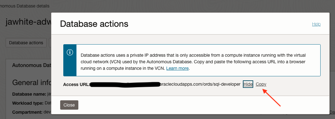 Database Actions URL