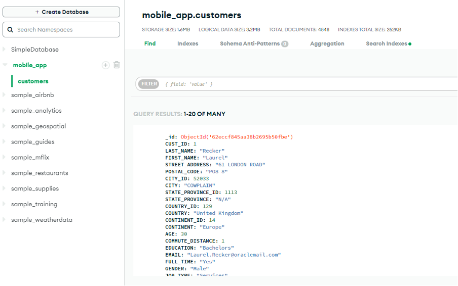 mongodb query customers