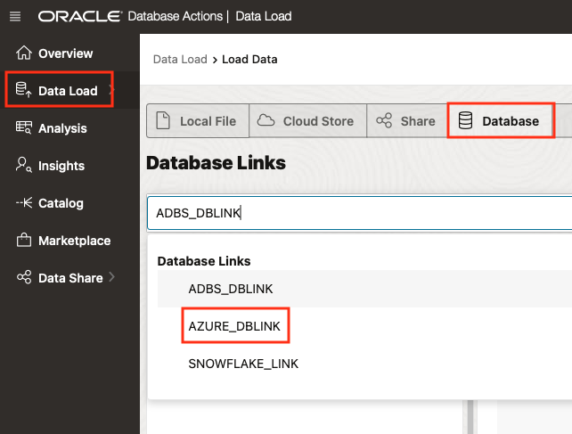 Click Data Load, then Database and finally choose from the list of Database Links