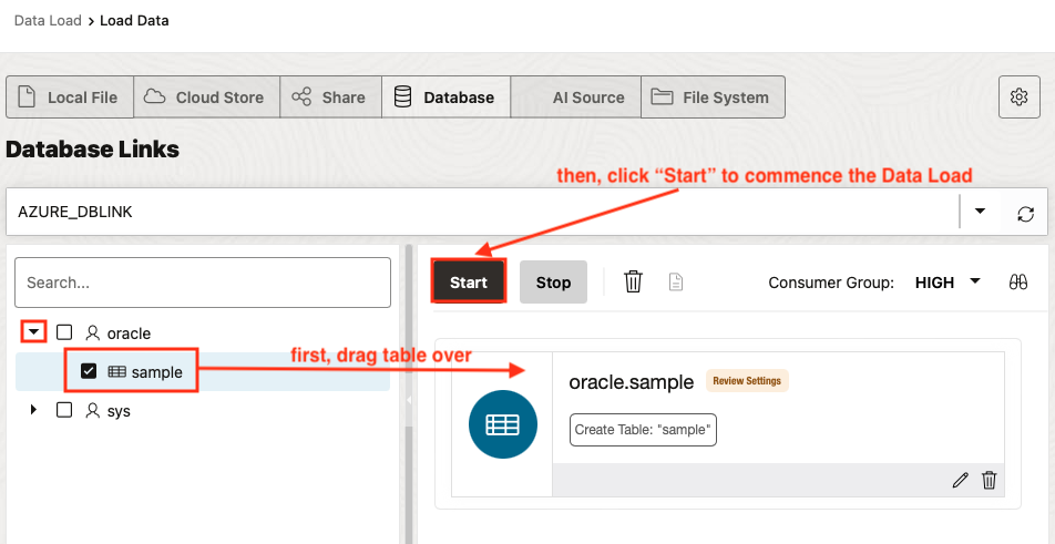 Drag over table then click Start.