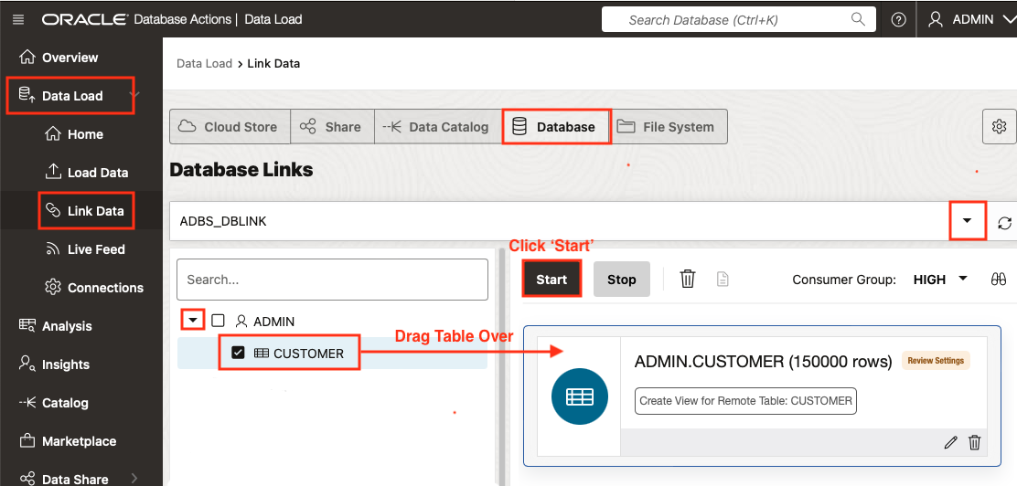 Drag over the table then click start to begin data link