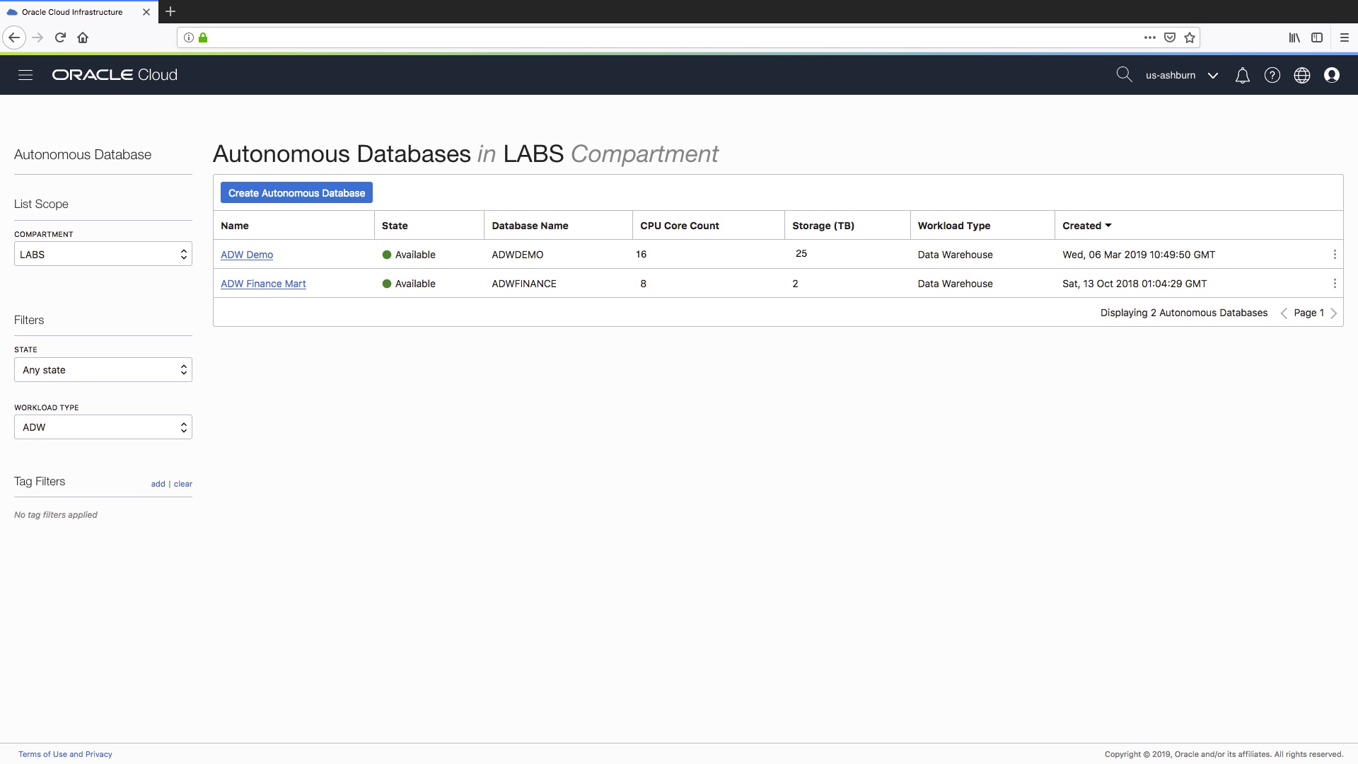 Oracle Cloud Management Console for Autonomous Data Warehouse