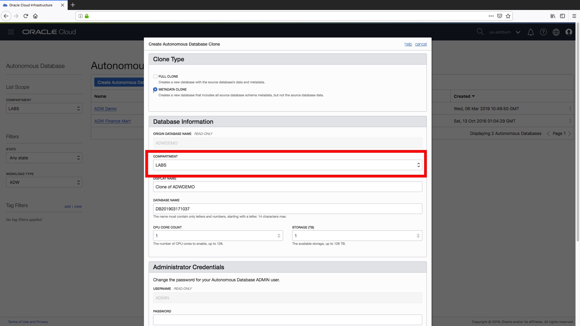 Set the compartment for the new autonomous data warehouse clone