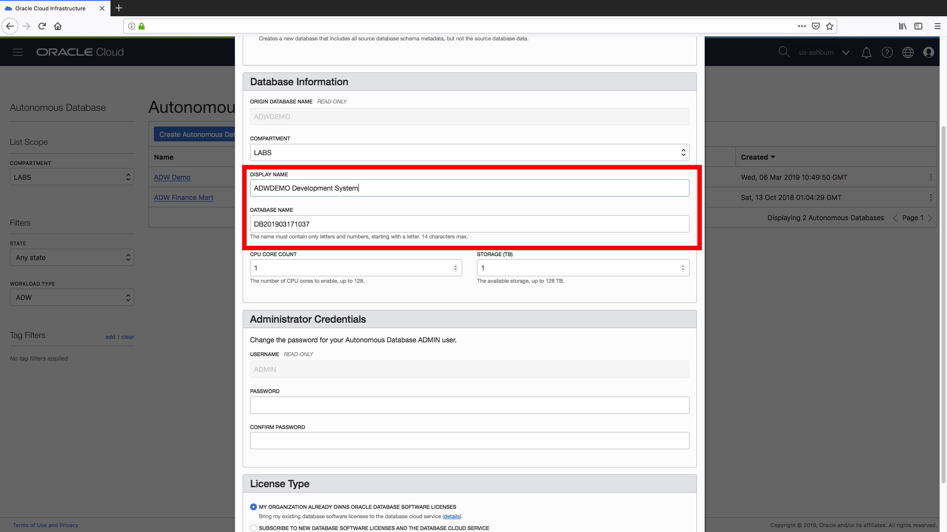 Set the display name for the newly cloned autonomous data warehouse