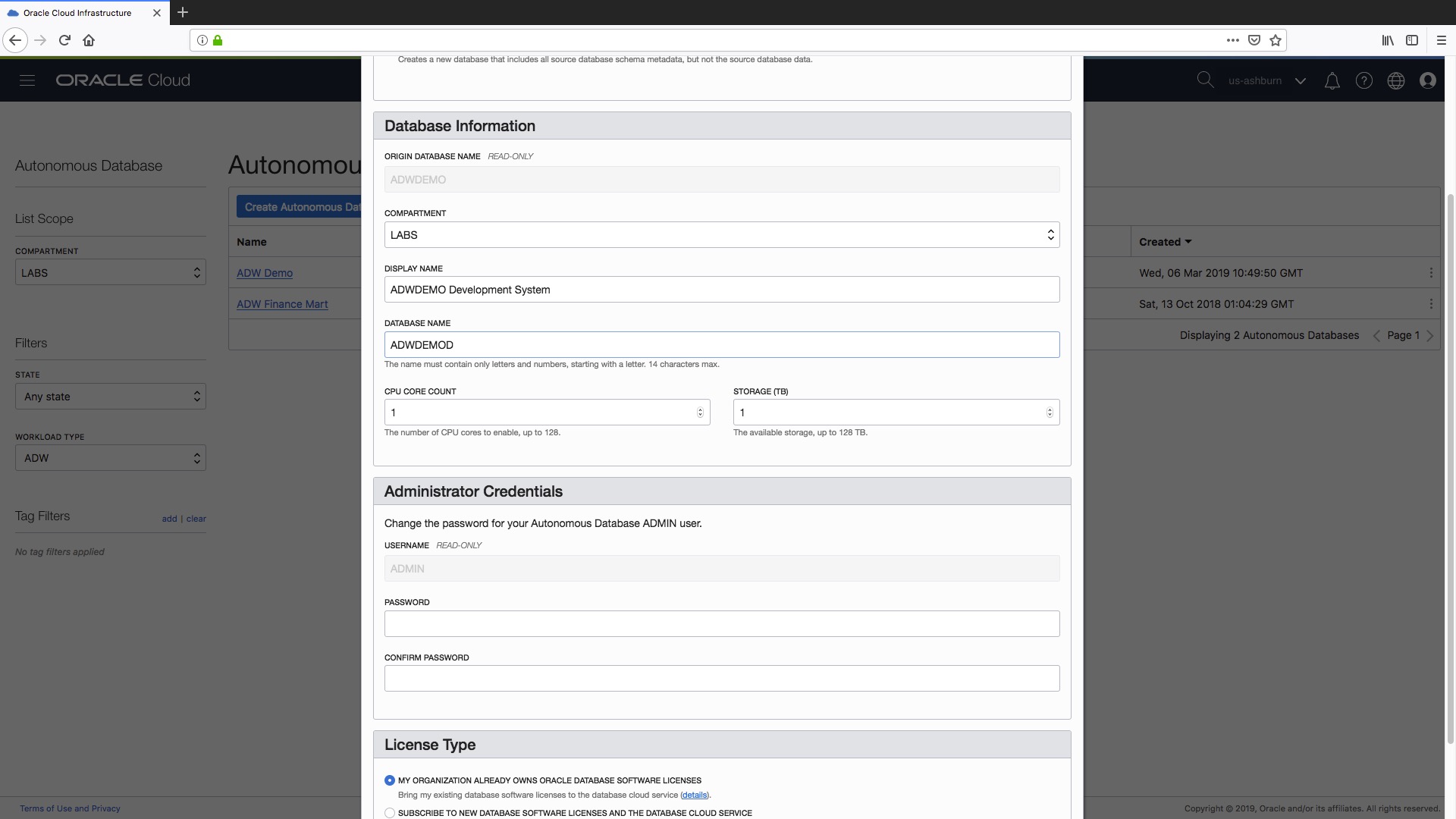 Set the database name for the newly cloned autonomous data warehouse