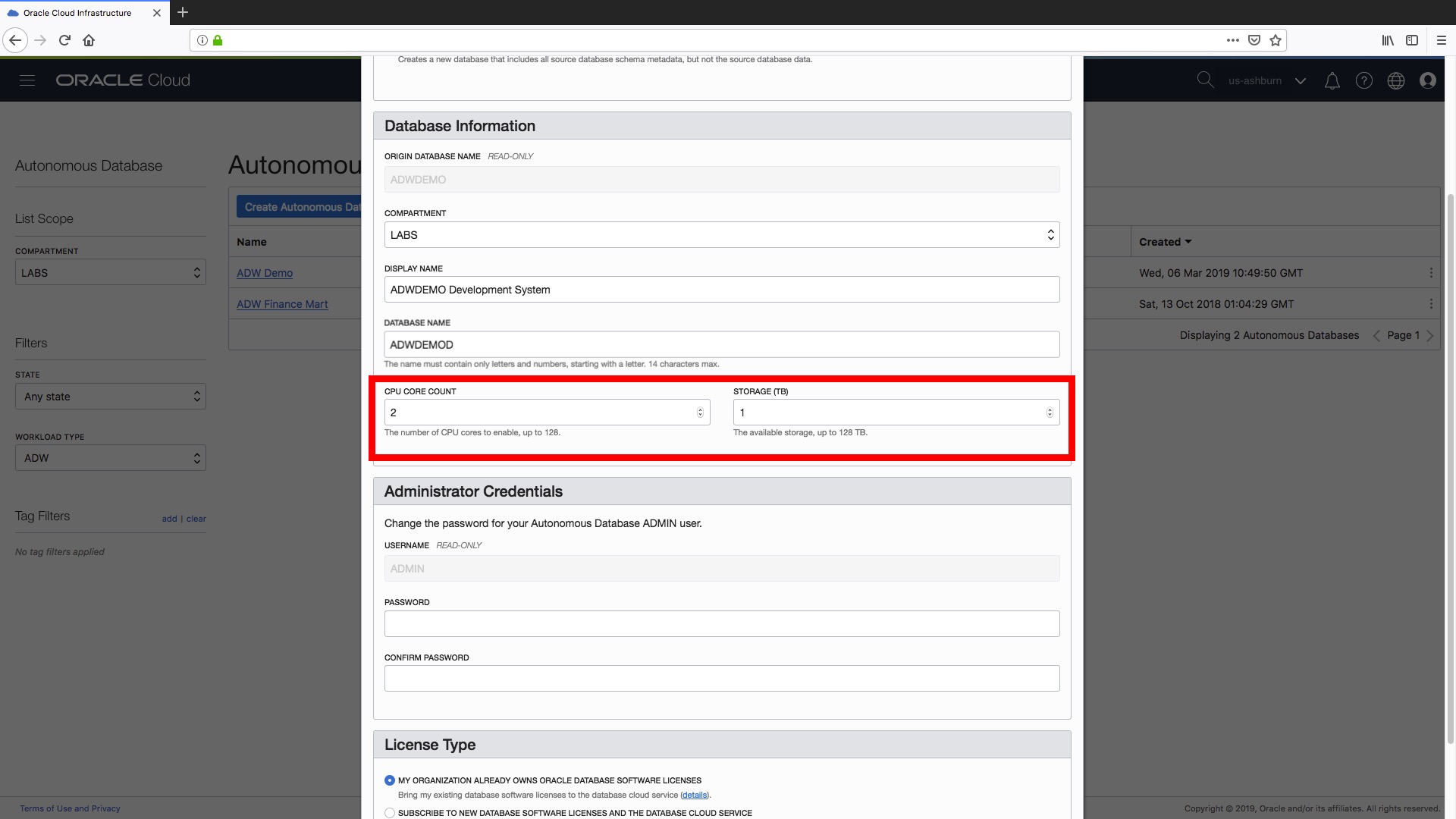 Set the resource limits for your new autonomous data warehouse clone