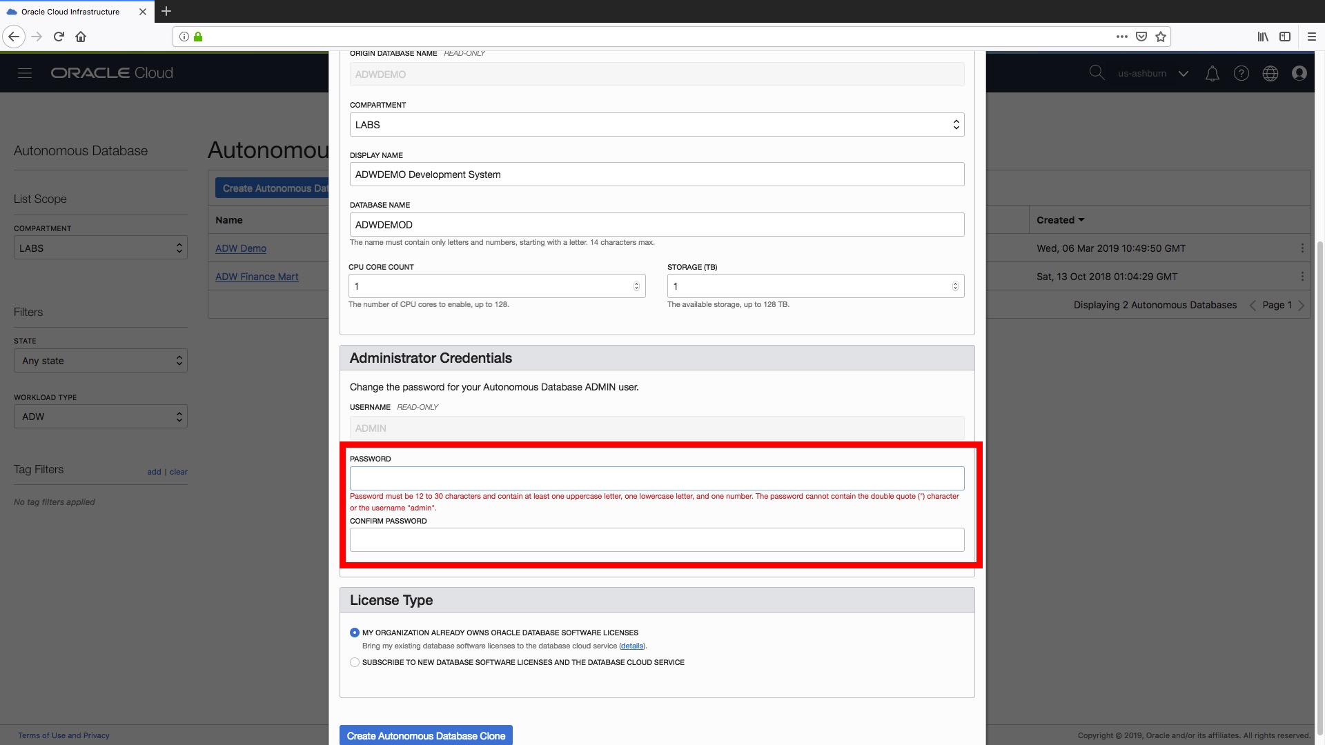 Set the administrator password for your new autonomous data warehouse clone