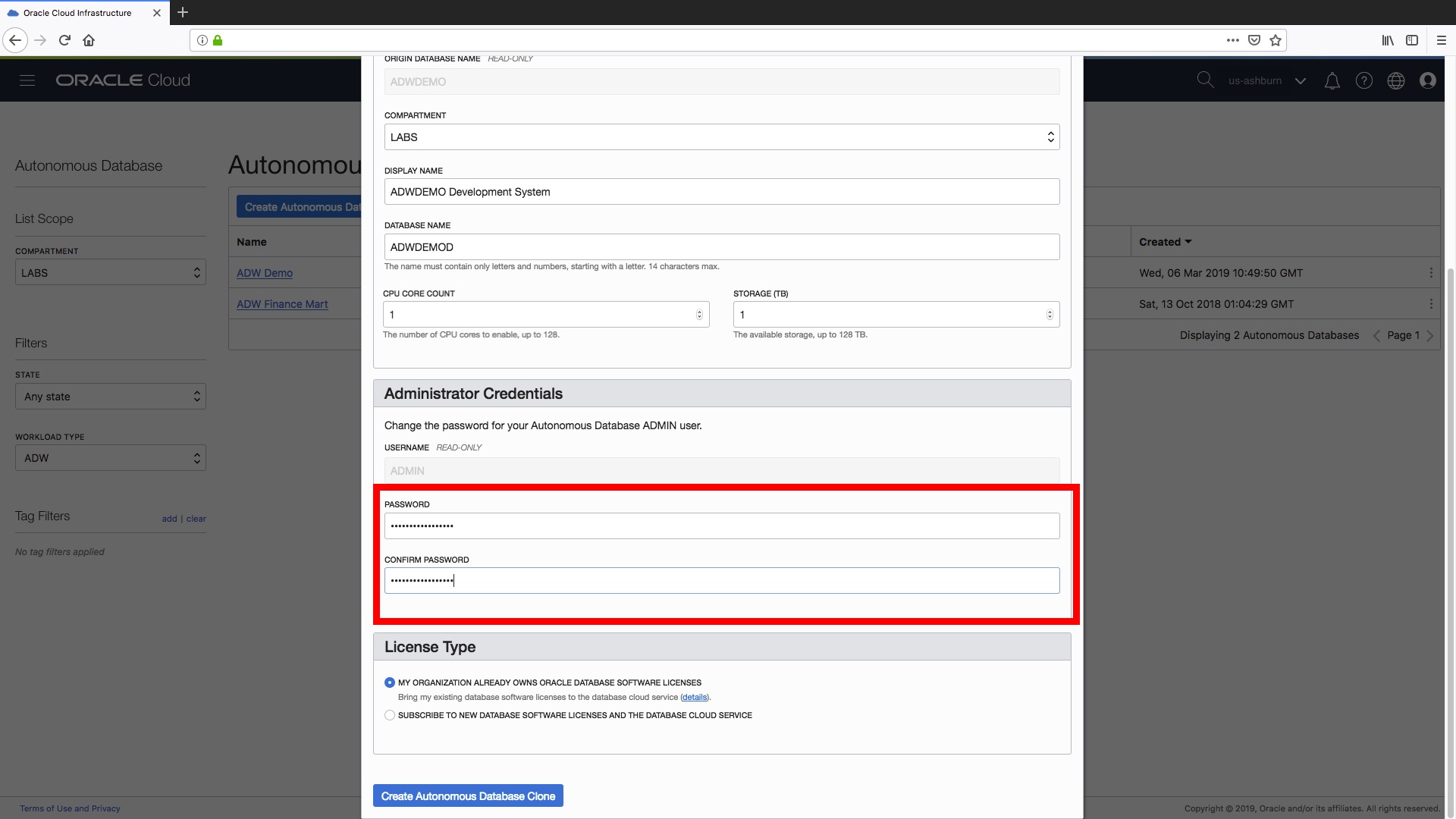 Confirmed administrator password for your autonomous data warehouse clone