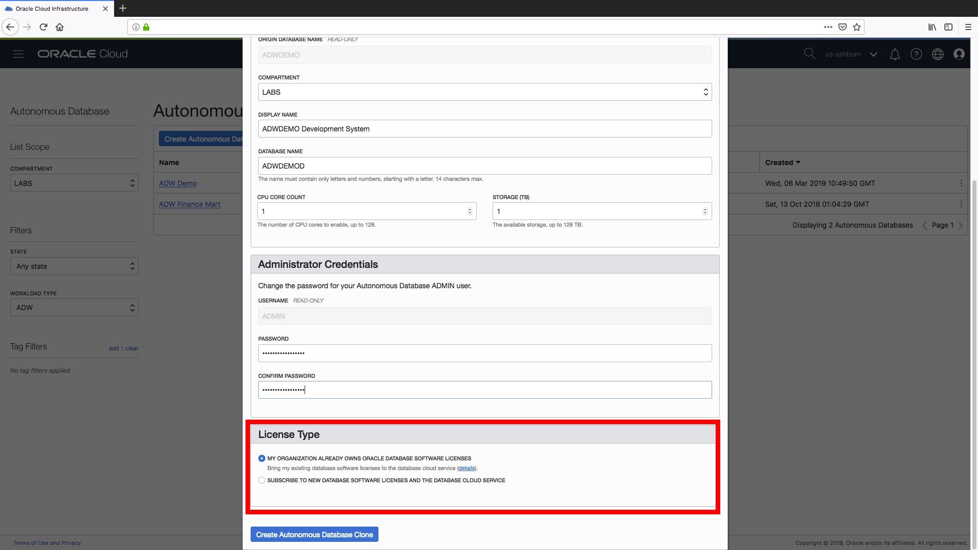 Set the type of license for your autonomous data warehouse clone